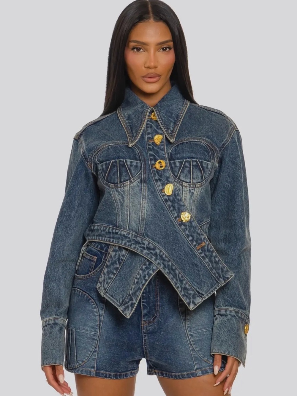 Asymmetrical Dark Blue Denim Jacket with Gold Buttons 2pc set